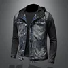 Men Spliced Hooded Washed Denim Jacket Long Sleeve Cardigan Single Breasted Outerwear Loose Coats Pockets High Street Button 3