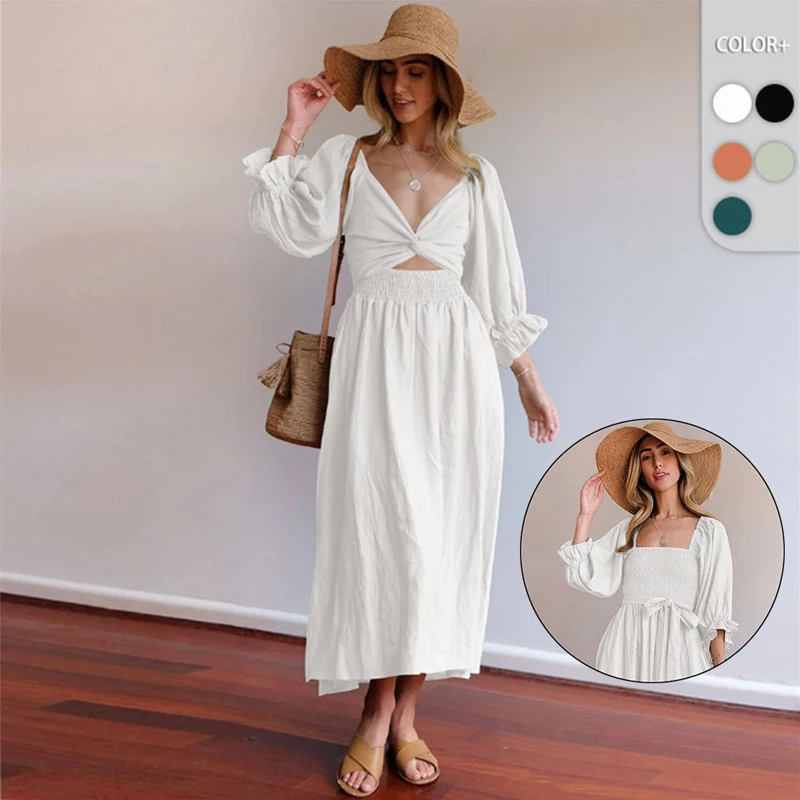 

Pareo Cover Up Dress Female For Women 2023 Clothing New One Line Neck High Waist With Flare Long Sleeve Front Back Medium Length