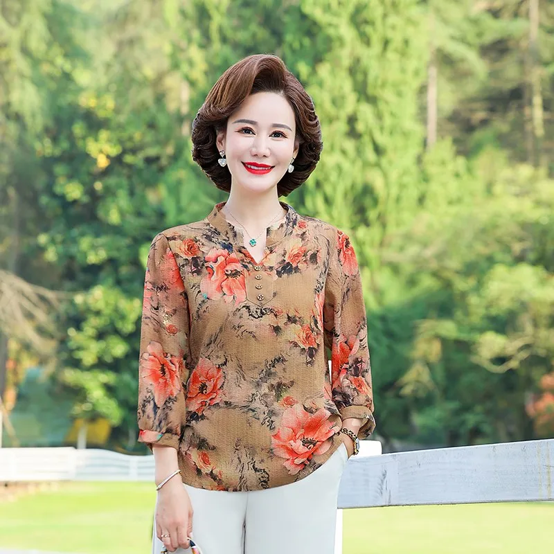 

Vintage Printed Chiffon Blouse Women's Clothing Spring Summer Style New Oversized Casual Pullovers 3 /4 Sleeve Lady Shirt