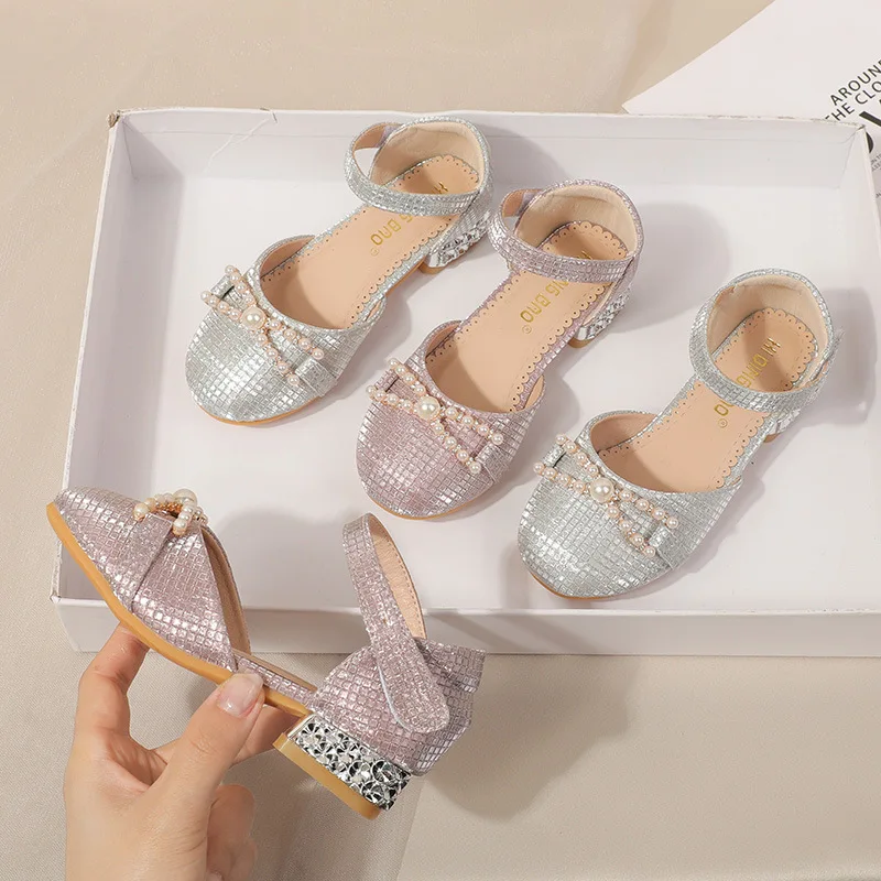 

New Girls Shoes Kids Sandals Princess Performance School Student High Heels Children Crystals Pearl Shoes Baby Toddler Summer 3C