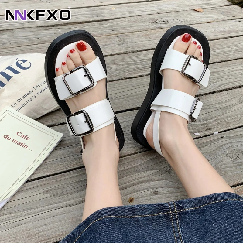 

Summer double buckle sponge cake thick bottom Roman sandals women's leather flat bottom ins tide vacation leisure beach shoes