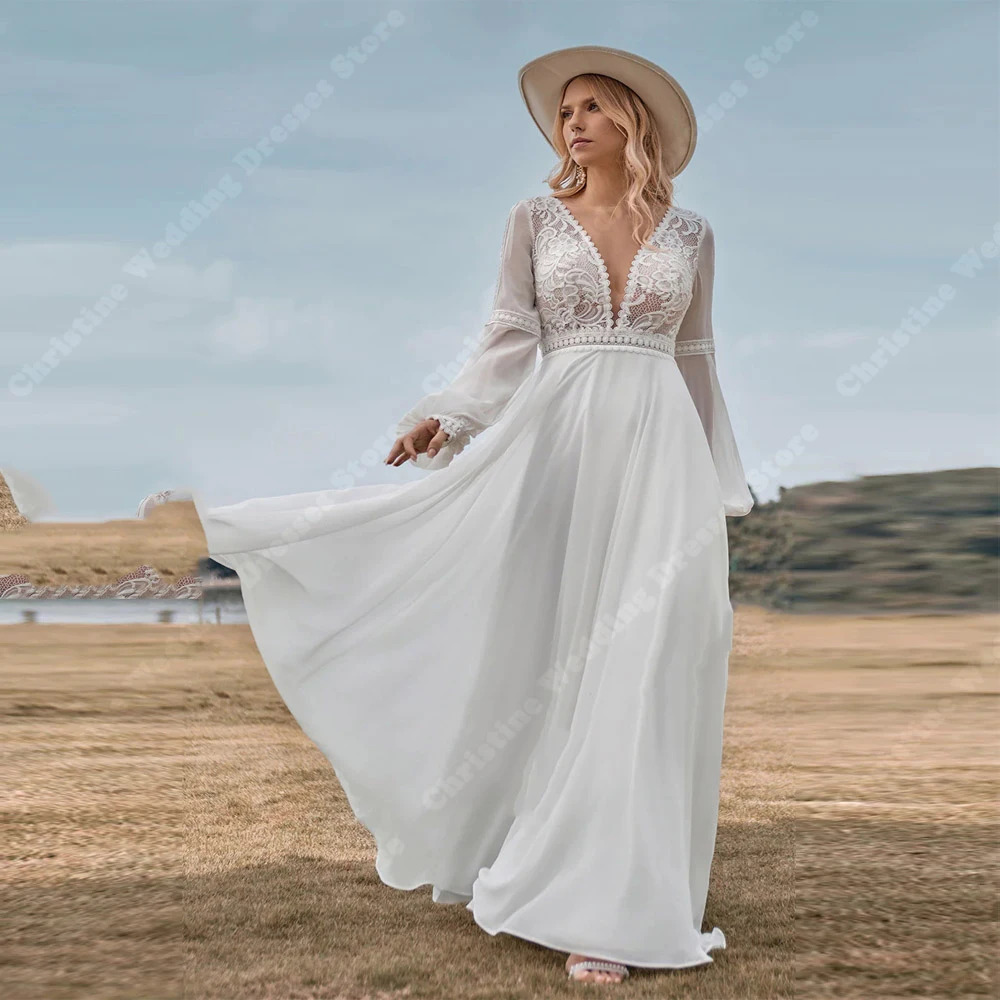 A-Line Women Wedding Dresses Sexy Deep-V Neck Long Sleeves Bride Gowns Elegant Bridesmaid Attire Vestidos De Noivas Customized 3