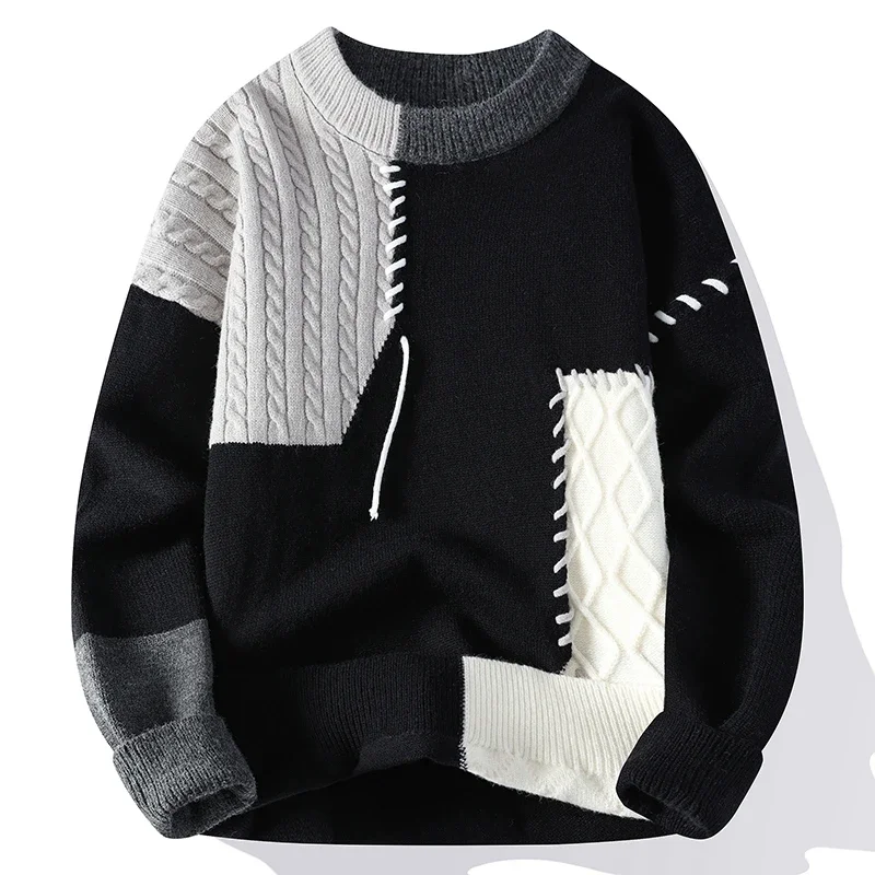 2023 New Patchwork Sweater Trend High Street Fashion Autumn and Winter Warm Men's Top Hip-hop Street Clothing 2