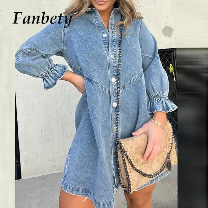 

Office Fashion Single Breasted Denim Dresses Women Beautiful Long Sleeve Ruffles Shorts Dress Spring Solid Collar Female Dress
