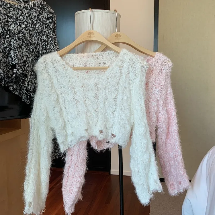 

Winter Fall Women Sweater Loose Short Cut Long Sleeves Round Neck Hollowed Design Girls Fashion Sweaters