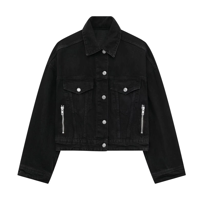 

Women's New Lapel Long Sleeve Zipper Cropped Jacket Loose Versatile Single Breasted Coat Tops