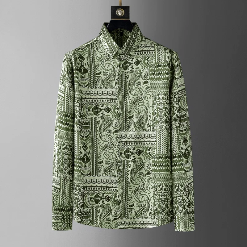 

Light Luxury Printed Shirts Men 2023 Summer Long Sleeve Loose Casual Shirts Vintage Ice Silk Streetwear Social Camisa Masculina