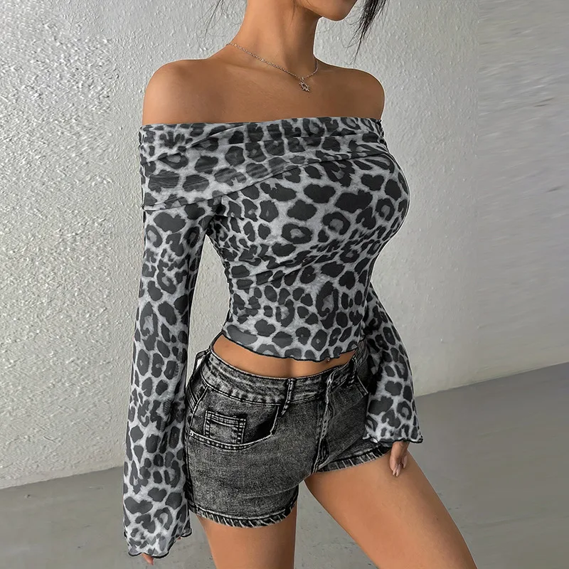 Leopard Printed Mesh T-shirt Top For Women Off-Shoulder Long Sleeve Cropped Y2k Top Pullover Contrast Female Slim Tee