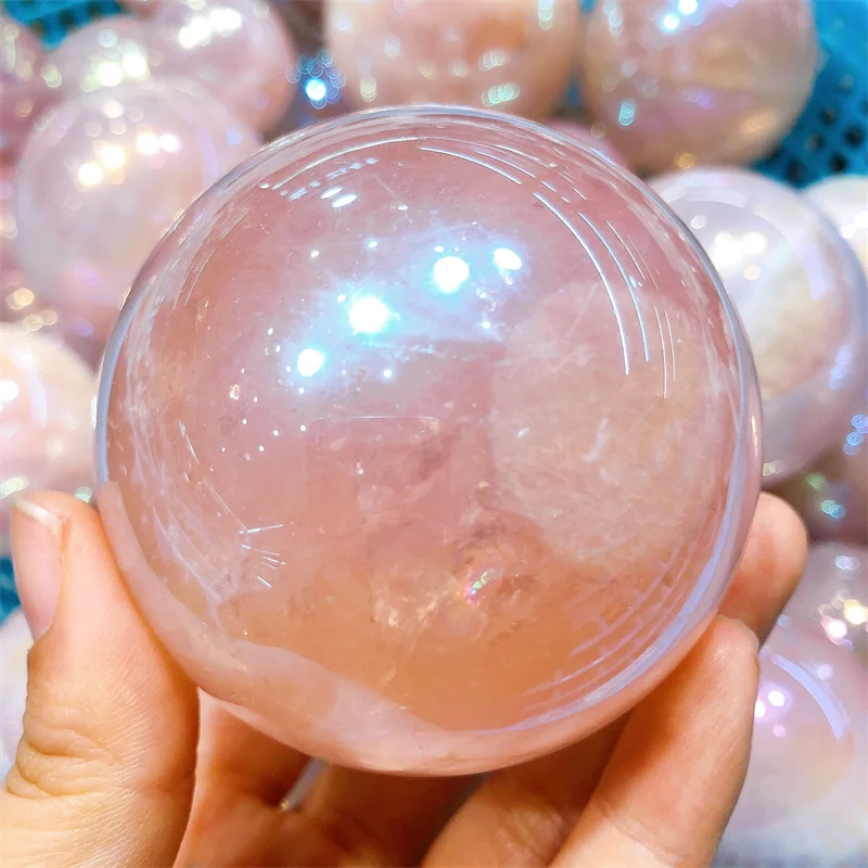 

6.5CM Natural Aura Rose Quartz Sphere Rainbow Healing Reiki Crystal Magic Ball Home Meditation Decoration Gift
