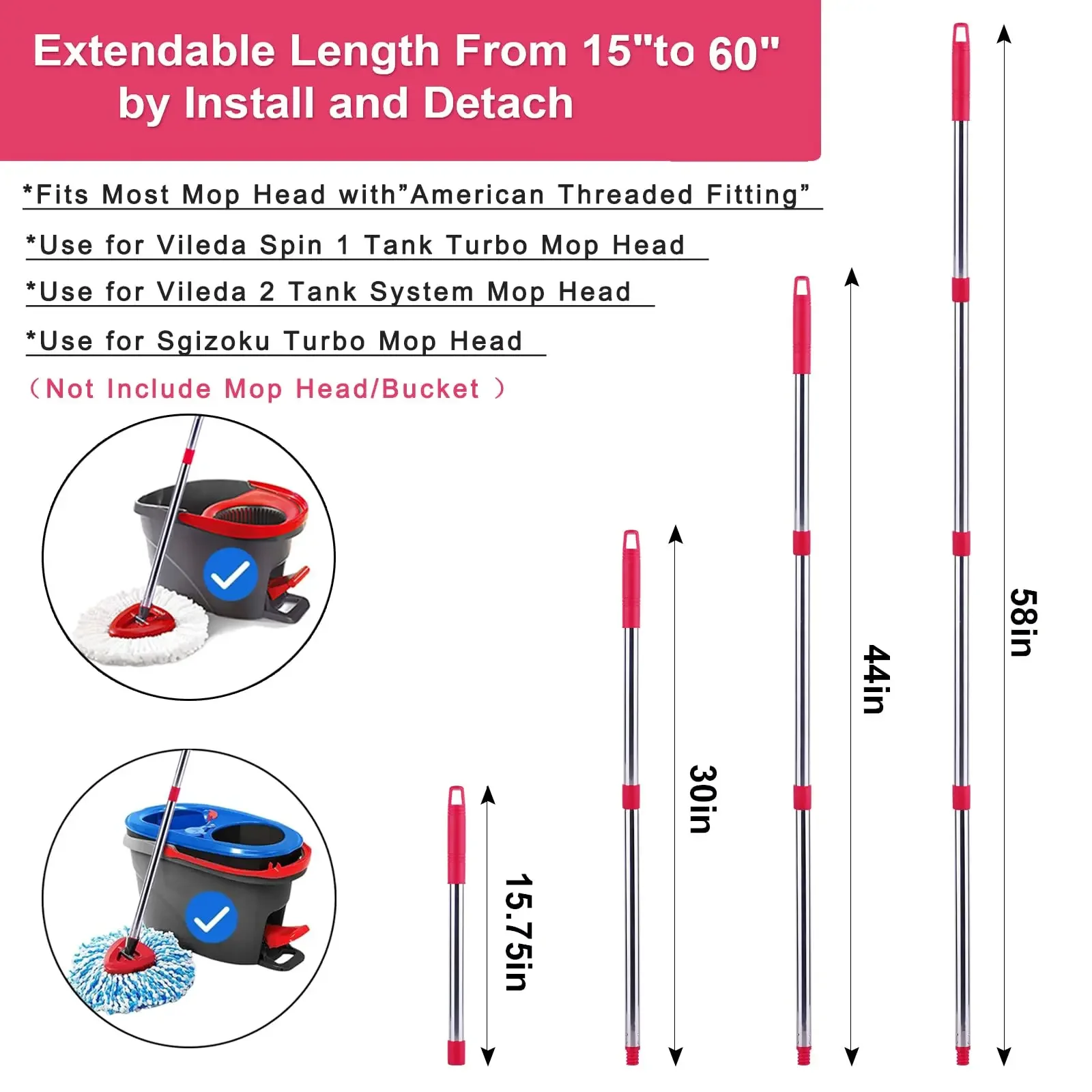 Mop Replacement Handle Compatible with Ocedar/Vileda Turbo Mop Head Replacement Heads, Mop Handle for EasyWring Mop 2