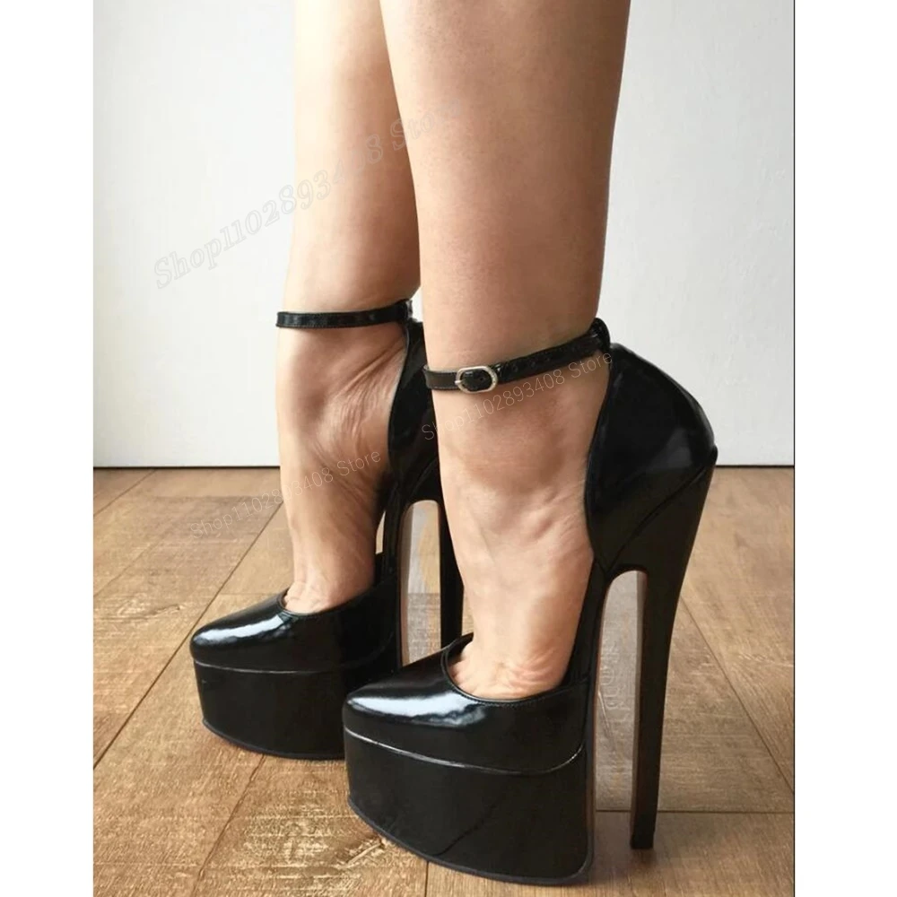 Black Waterproof Sexy Pumps Ankle Buckle Stiletto High Heel Solid Patent Leather Women Shoes 2024 Fashion Zapatos Para Mujere