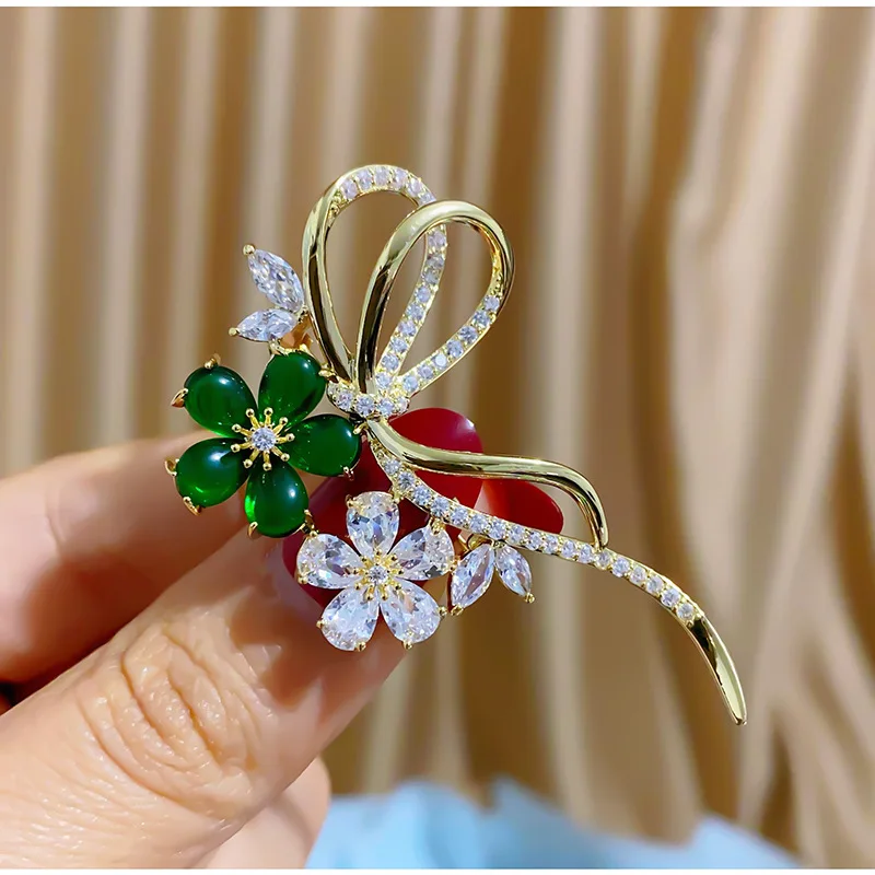 Green Floral Bowknot Brooches Jewellry For Ladies Shining Cubic Zirconia Flower Corsage Luxury Brooch Bouttoniere