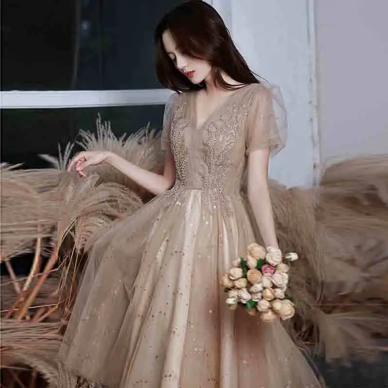 New short khaki sequined lady girl women princess banquet party performance bridesmaid dress performance gown