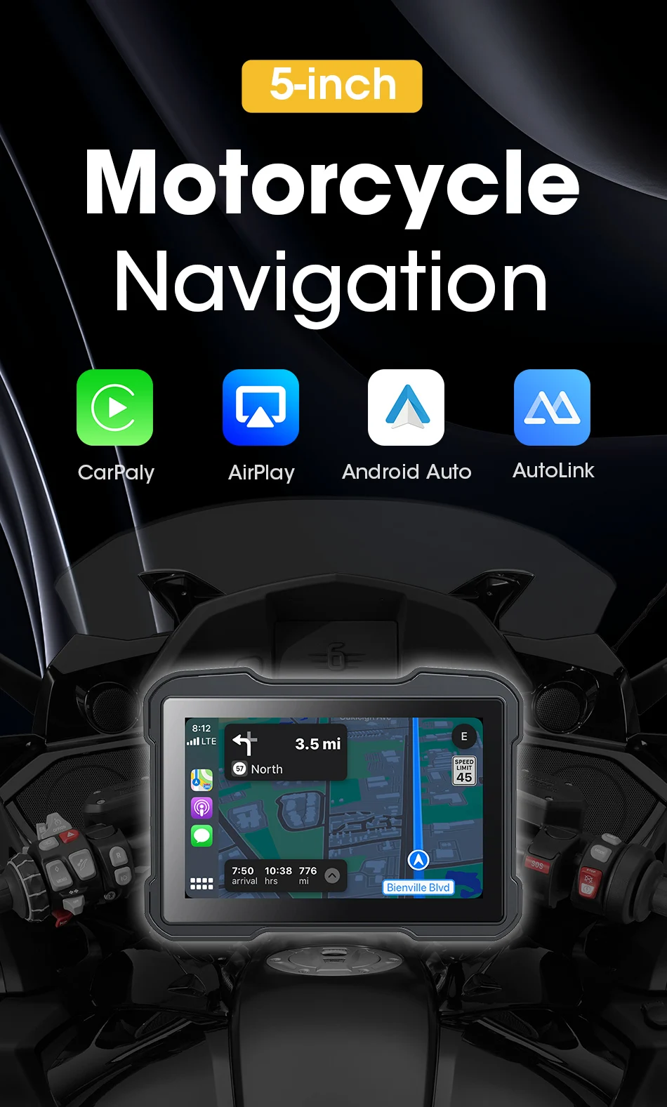 Srnubi Motorrad-GPS-Navigation, IPX7, wasserdicht, 5-Zoll-Bildschirm, tragbares Motorrad, kabelloses Carplay, Android-Auto-Monitor, DVR – Detail 3