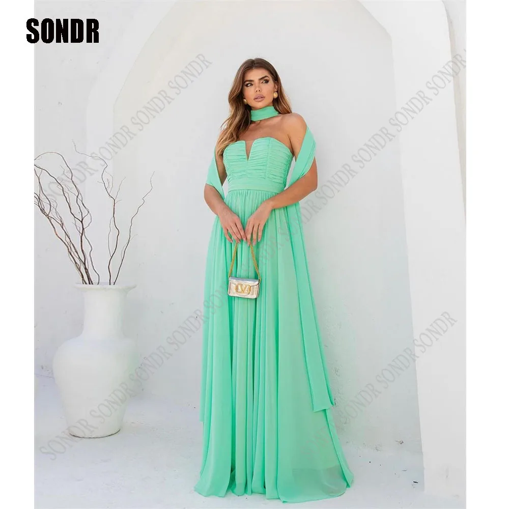 SONDR Beach Dress Summer Strapless For Women 2023 Evening Maxi Fashion Elegant Green Chiffon High Neck Cape Prom Wedding Dresses