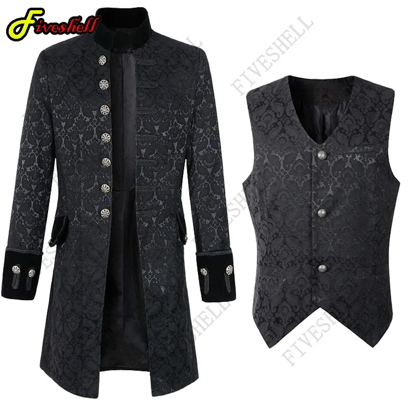 Medieval Vampire Cosplay Costume Steampunk Jacket Vest Coat Victorian Ghost Gothic Blazer Suits Stand Collar Trench Men's Shirt