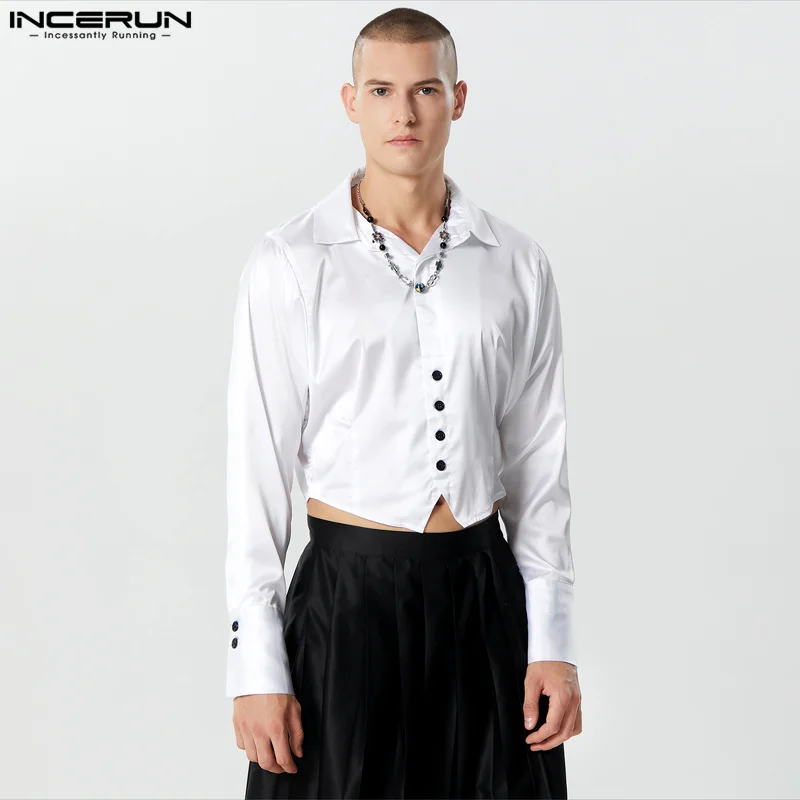 

Мужская Асимметричная рубашка INCERUN, Однотонная рубашка с отложным воротником и длинным рукавом, повседневная мужская одежда на пуговицах, уличная одежда 2023, атласная Женская одежда