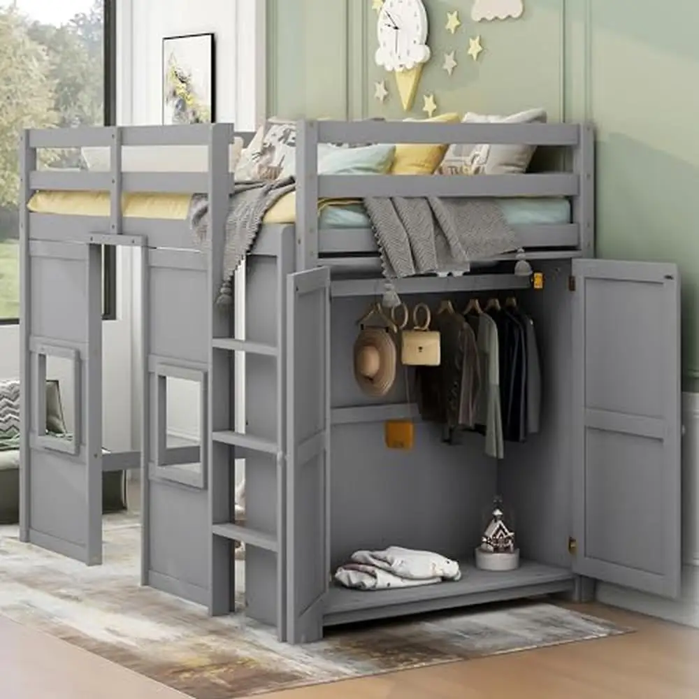 Twin Size Loft Bed with Wardrobe Storage & 2 Windows Solid Wood Frame Guardrail Modern Design High Load Capacity Easy Assembly 5