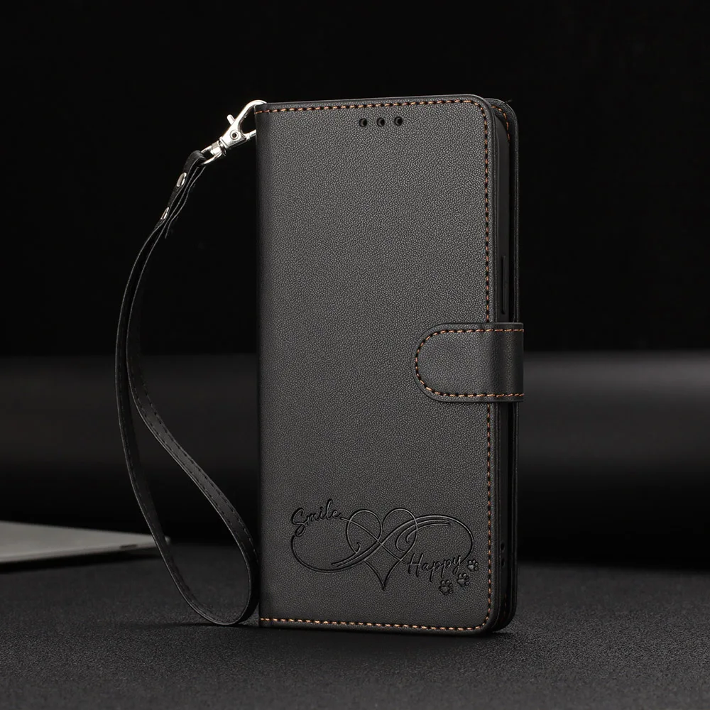 Leather Flip Wallet Phone Case with Card Holder and Strap