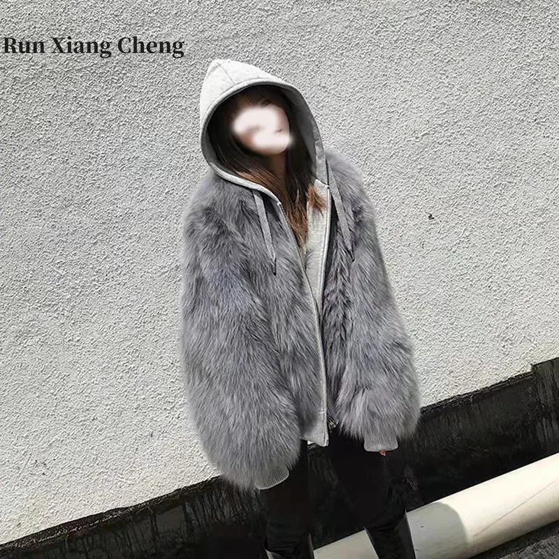 

RUN XIANG CHENG Black Fox Fur Grass Coat Women Autumn and Winter Splice Imitation Thickened Hooded Plush Sweater Free Shipping