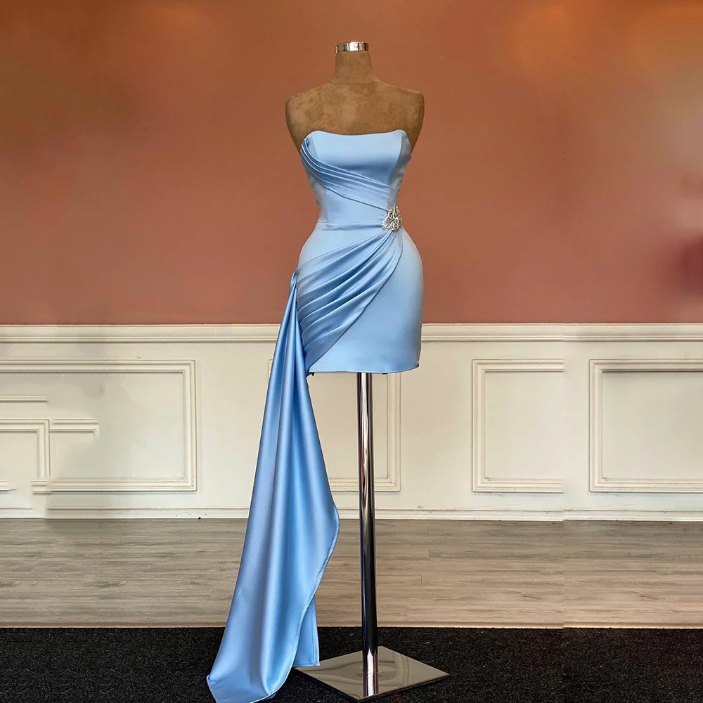 

UZN Sky Blue Satin Mermaid Prom Dress Elegant Strapless Short Evening Dress Robe De Bal Hot Sale Arabic Prom Gowns 2023 Party