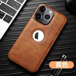 Deluxe Leather Phone Case with Original Logo and Silicone Lens Protection for 15 Pro Max (Brown)