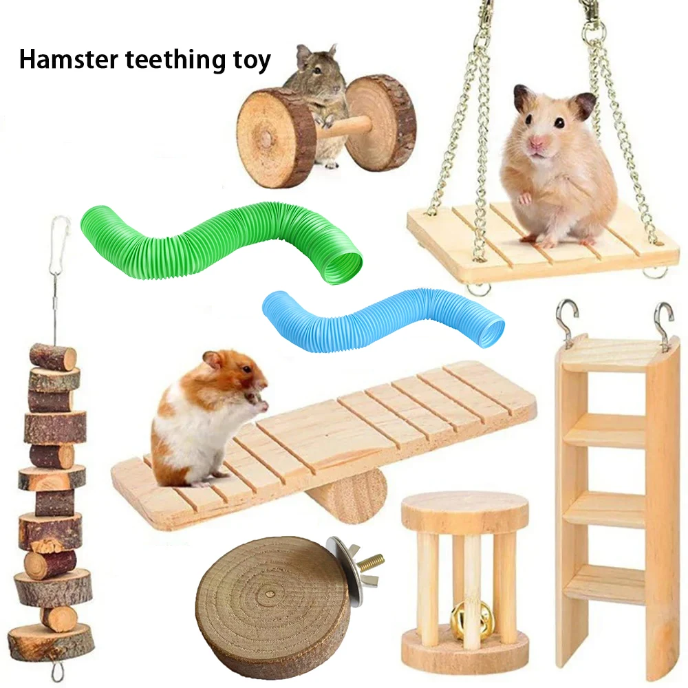 Rabbit Roller Toy Natural Wooden Pine Dumbells Unicycle swing seesaw Bell Chew Toys for Guinea Pigs Rat Pet Molars Supplies