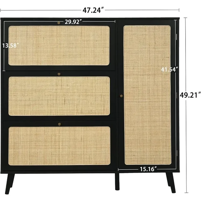 FOKWE Natural Rattan Shoe Cabinet, Shoe Cabinet with 3 Flip Drawers and Storage Shelves, Modern 3-Tier Shoe Rack Storage Cabinet 2