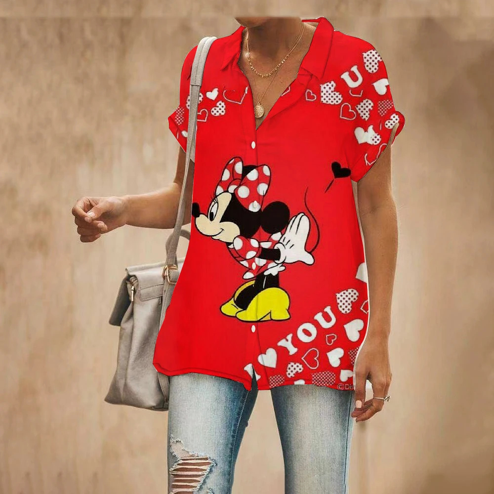 

Summer 2022 New Disney Brand Short Sleeve Shirt Mickey and Minnie Anime 3D Printed Cute Kawaii Casual Slim Top y2k