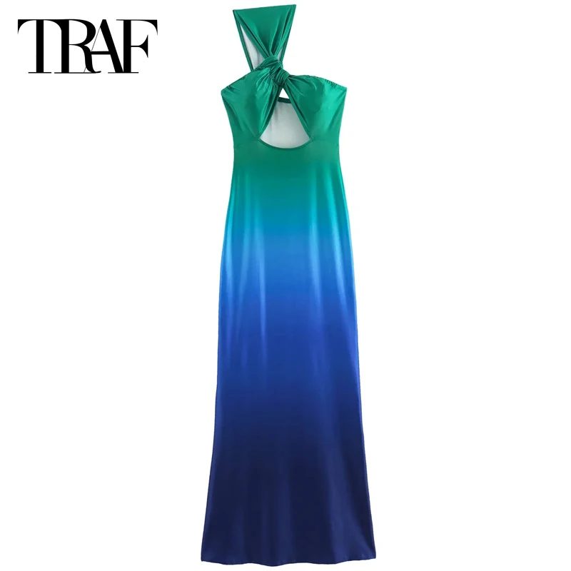 

TRAF Tie Dye Asymmetric Dress Women Dress Summer 2024 Midi Satin Cut-Out Sleeveless Backless Dresses Luxury Ladies Elegant Dress