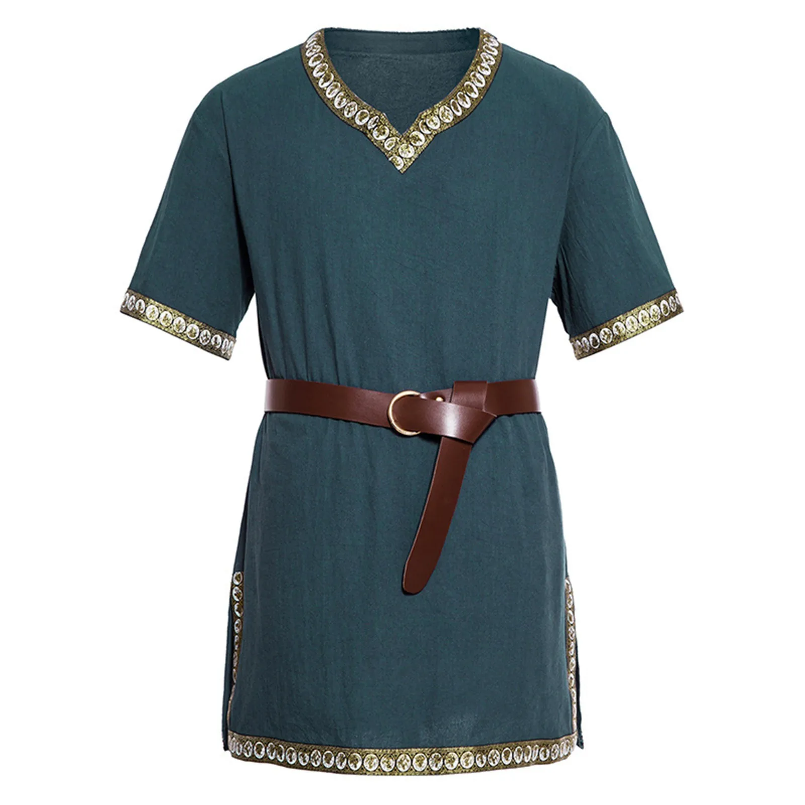 

Adult Men Medieval Tunic Knight Warrior Long Shits Costume Clothing Norman Chevalier Pirate Shirt Halloween Costume -No Belt