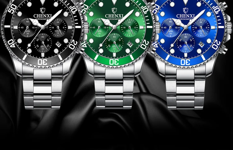 CHENXI Men's Luminous Waterproof Multi-function Watch Stainless Steel Strap Chronograph Calendar Casual Daily Wristwatch