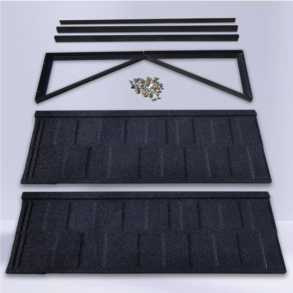 Fixed Metal Awnings 52 in W x 31 in H, Triangle Steel Frame with Tile Shaped Metal Awning for Door Entrance, Windows, Porches
