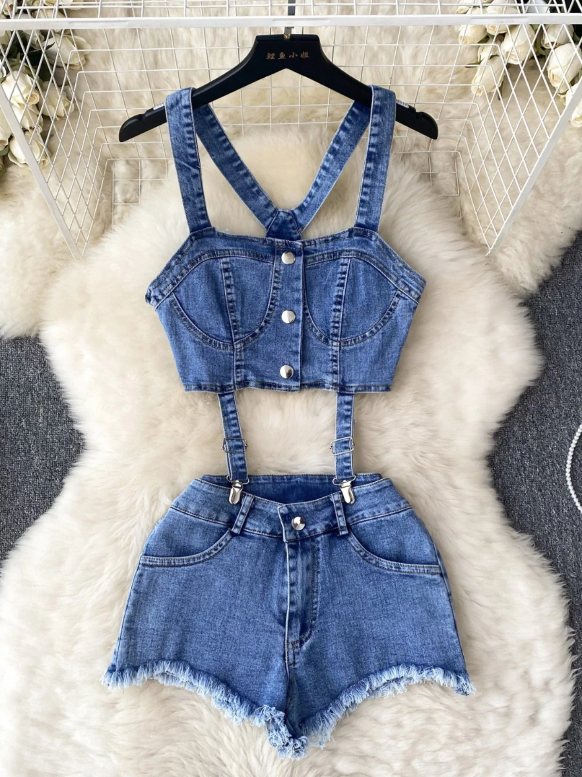 

Designer Summer Women's Denim Set 2024 New Sweet Cool Spicy Girl Open Navel Tank Top+Strap Ragged Edge Ultra Shorts Sexy Wear