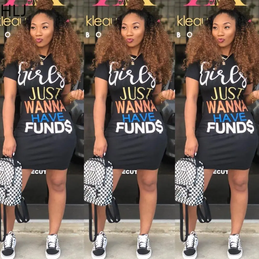 

HLJ Fashion Letter Printing Dress Woman's Round Neck Short Sleeve Mini Dresses Female Casual Streetwear Clothing Summer Outfits