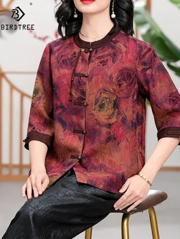 Camisa floral elegante birdtree para mulheres, 100% seda real, stand floral, oversize, blusa retrô mãe, top de verão, T44484QM, T44484QM