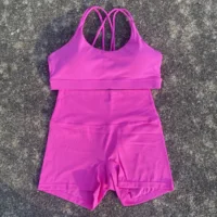 Ensemble de Yoga et vélo de Sport de couleur unie, Legging court + soutien-gorge de Sport croisé, survêtement athlétique pour femmes, entraînement complet, Jogging 5