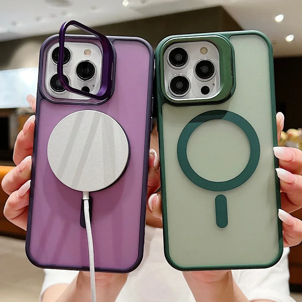 Premium Magnetic Wireless Charging Matte Phone Case with Metal Flip Lens Bracket and Magsafe Compatibility