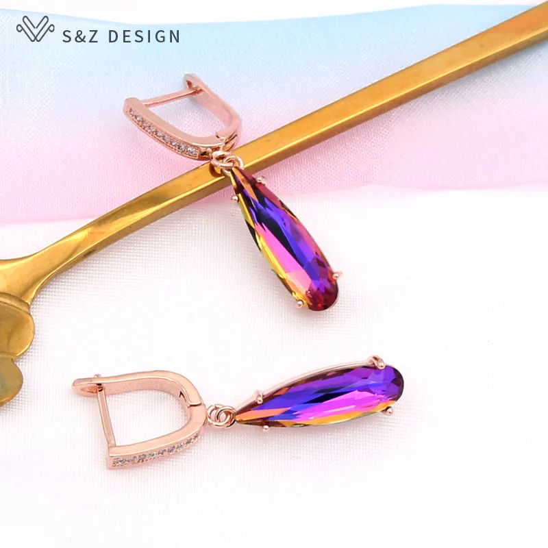 S&Z DESIGN New Fashion Elegant Water Drop Crystal Dangle Earrings For Women Wedding 585 Rose Gold Color Cubic Zirconia Jewelry