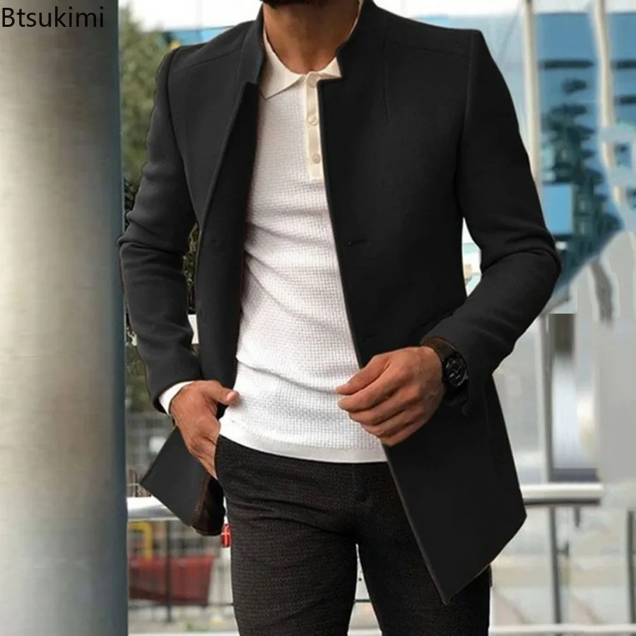 2024 Autumn Winter Fashion Men's Woolen Coats Trend Solid Slim Single Breasted Lapel Long Suit Jacket Man Simple Casual Overcoat