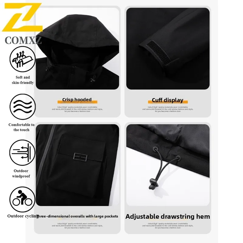 Men's Spring Autumn Workwear Jacket Windproof Waterproof Hooded Parka with Multi-Pockets Breathable Membrane for Outdoor Travel
