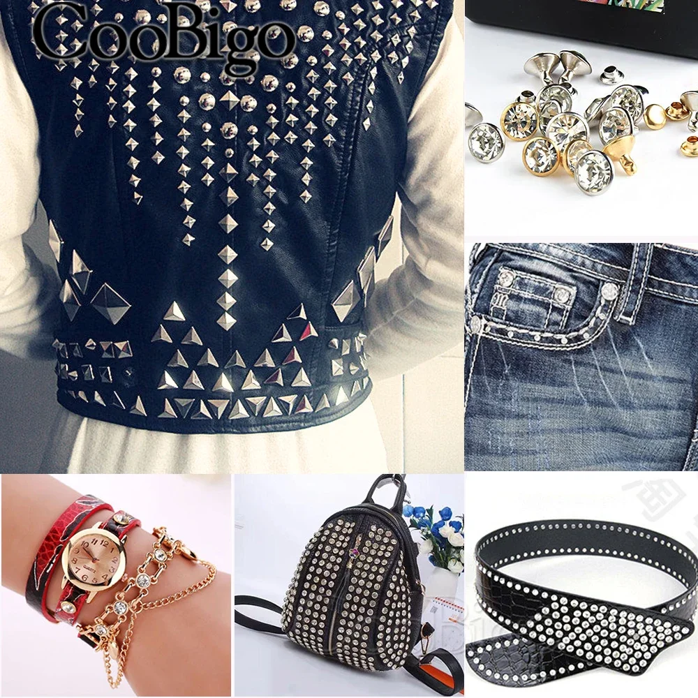 Metal studs rivets 100sets crystal rhinestone trim double cap rivets diamond studs DIY craft clothes bag shoes leather spikes glass drill nail