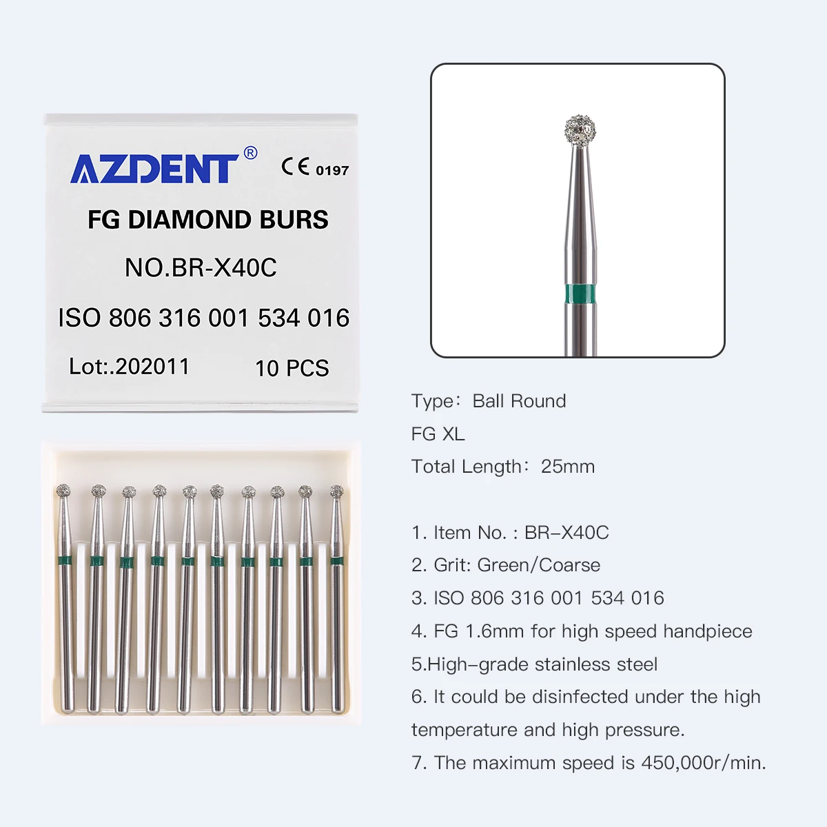 AZDENT 10 Stück/Box Dental-Diamantbohrer FG 1,6 mm Bohrkugel, runde grobe Körnung für Hochgeschwindigkeitshandstück, Zahnmedizin-Instrument – Detail 11