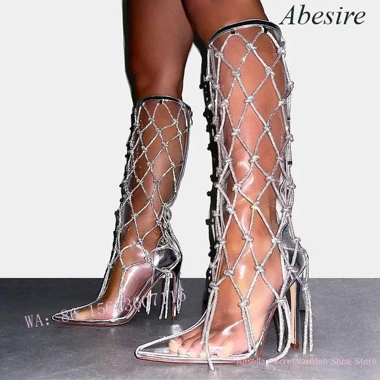 

New Night Party Dazzling Catwalk Transparent Embellished Hot Diamond Cross Chain Decorated Women's Knee-High Boots