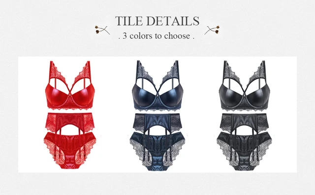 Sexy Leather Lingerie Set Female Three-pieces Bra Panties Suit With Garter  Solid Lace Push Up Padded Lace Strappy Underwear