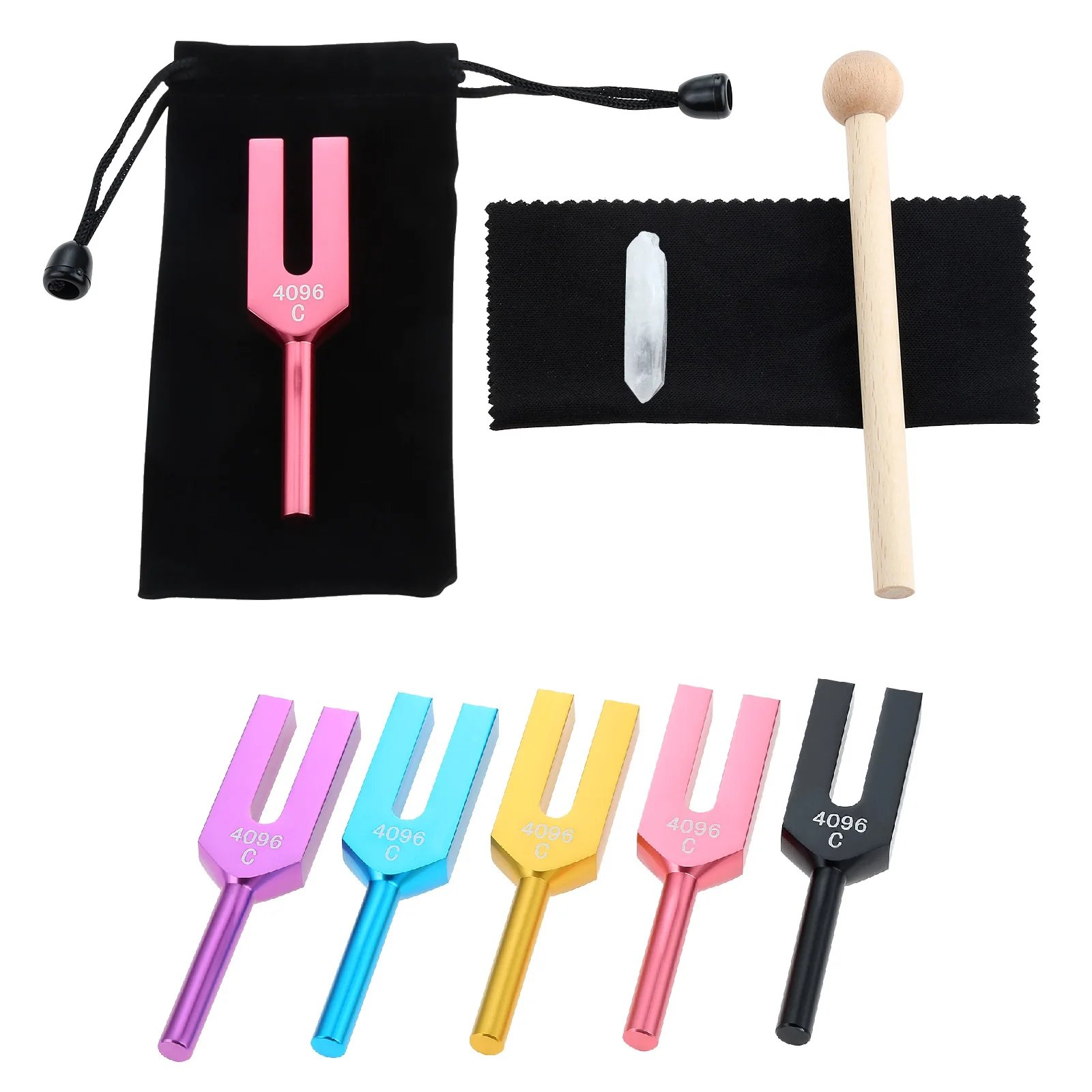 

4096Hz Tuning Fork & Wooden Hammer Storage Bag Cloth Relaxation Crystal Clean Kit for DNA Repair Healing Sound Therapy Vibration