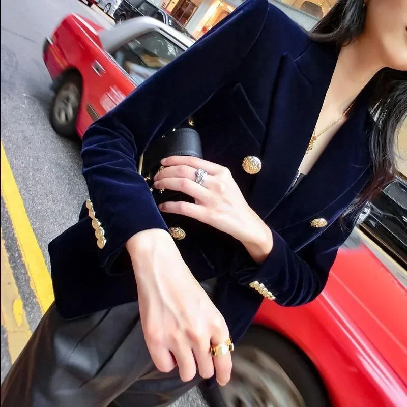 Women's Velvet Slim Fit Versatile Double Breasted Long Sleeve Solid Color Suit Top 2023 New Pleuche Small Suit Short Coat XS-2XL