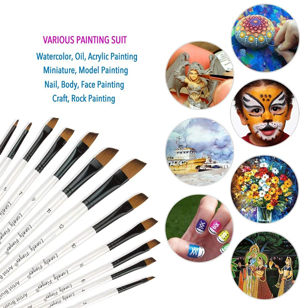Angular Paint Brush,12pcs Nylon Hair Angled Paint Brushes Set Art Paintbrush for Watercolor, Acrylic, Gouache, Oil Painting 6