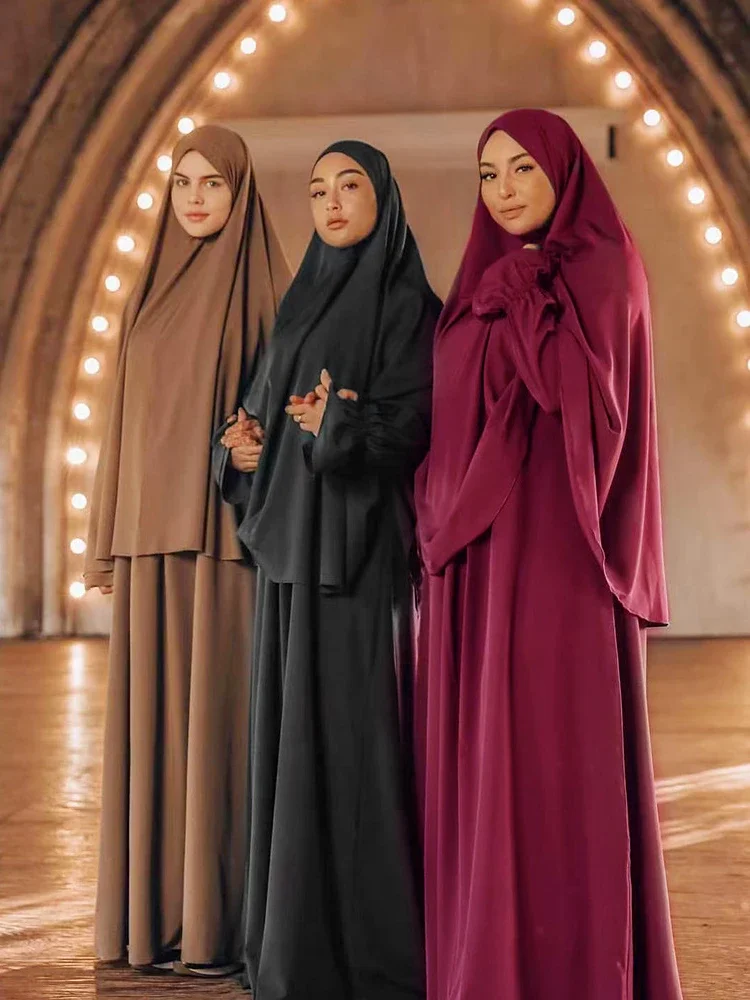 Eid Con Cappuccio Donne Musulmane Lungo Khimar Hijab Vestito Set 2 Pezzi Preghiera Indumento Abaya Ramadan Abito Set Islamico Niqab Jilbab