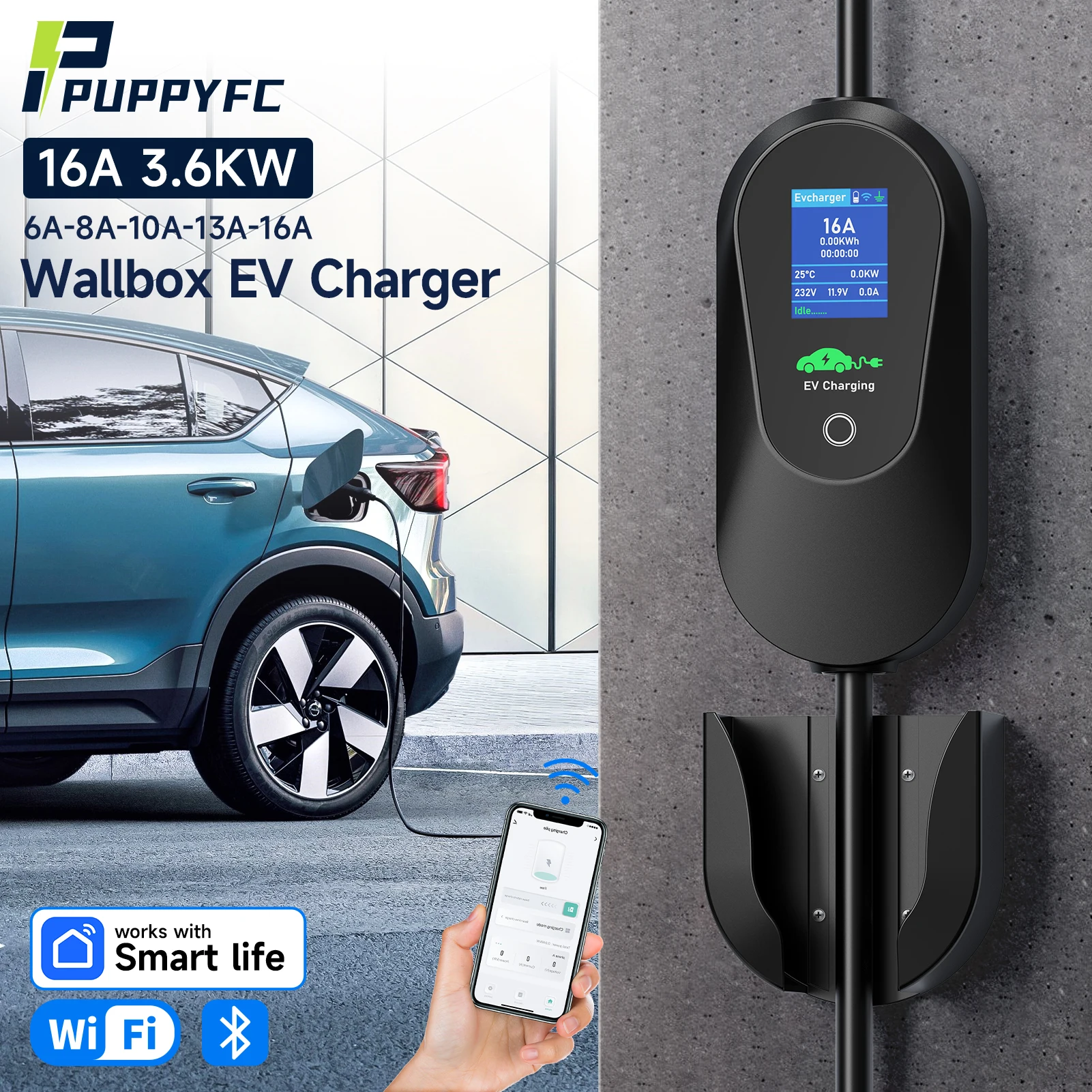 WiFi Electric Car Charger Puppyfc Type1 3.6KW 16A 1Phase Type2/GBT Plug Portable EV Charger Fast Charging Wallbox with Cable ev charger
